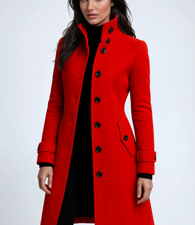 Women's High Neck Button Front Longline Winter Coat