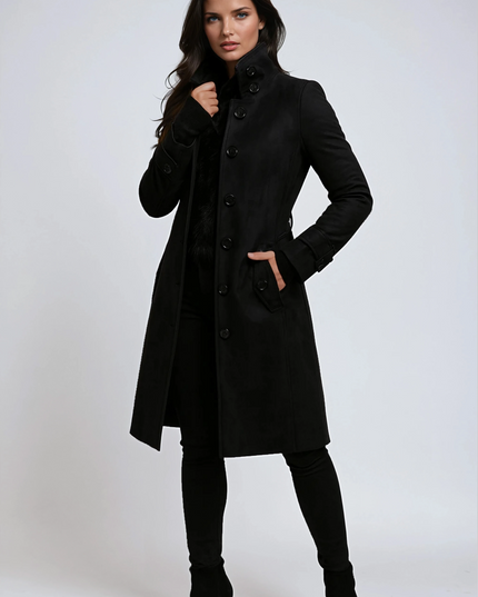 Women's High Neck Button Front Longline Winter Coat