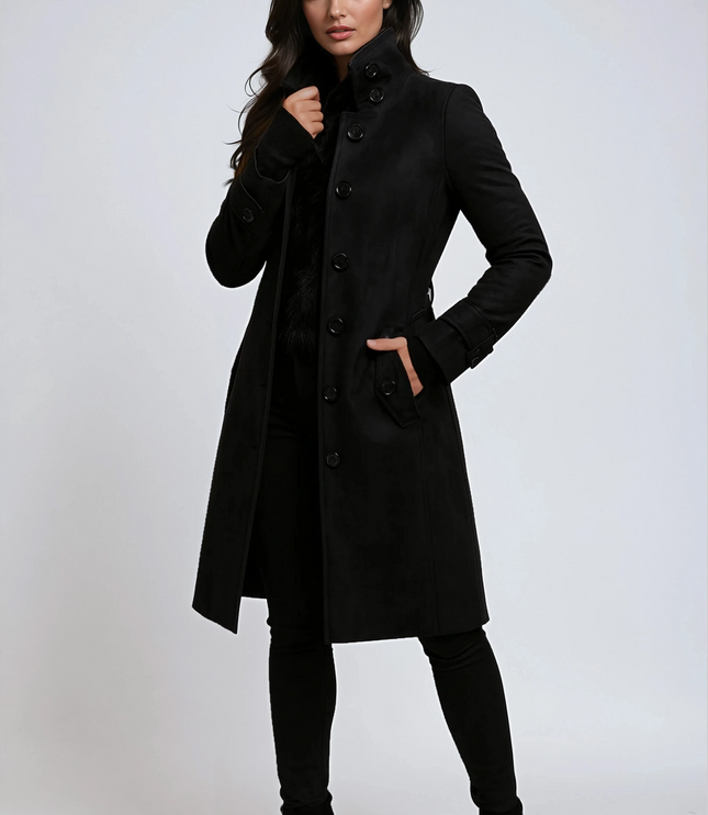 Women's High Neck Button Front Longline Winter Coat