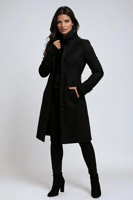Women's High Neck Button Front Longline Winter Coat