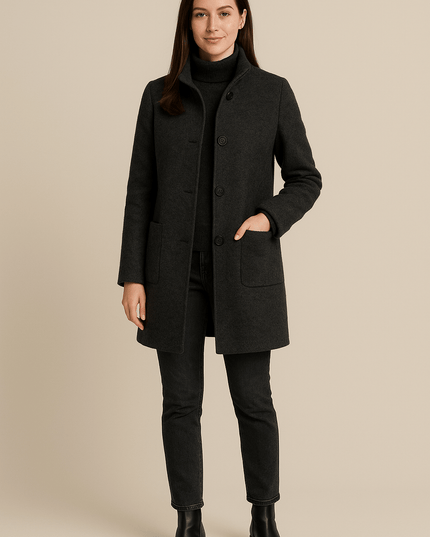 Women's High Neck Button Front Tailored Winter Coat