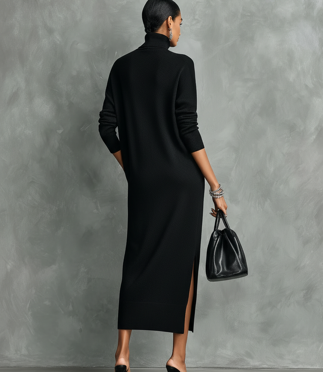 Women's High-Neck Rib Knit Maxi Dress with a Side Slit