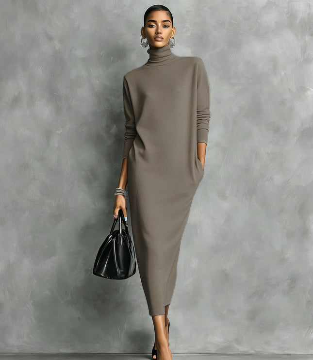 Women's High-Neck Rib Knit Maxi Dress with a Side Slit