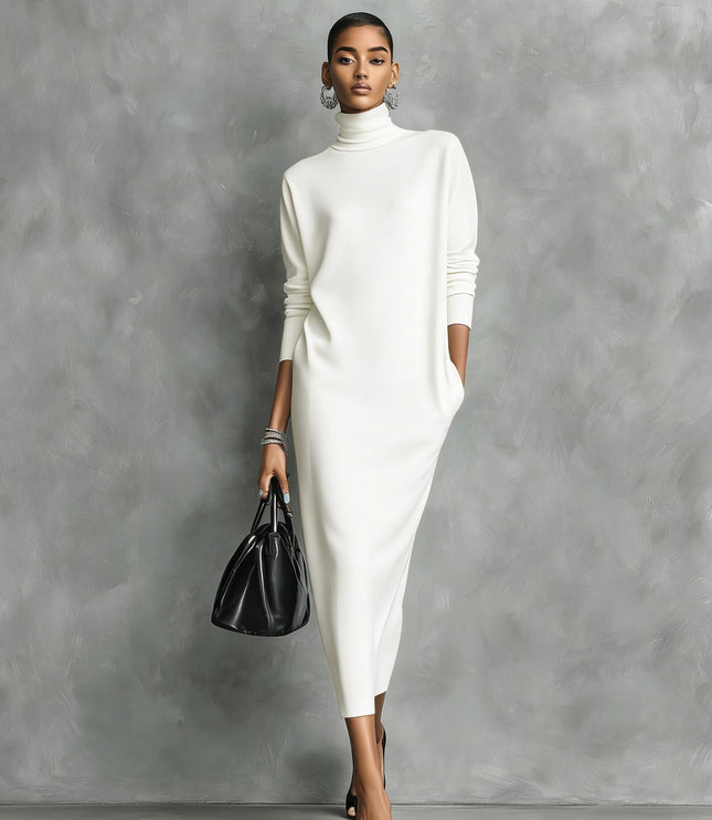 Women's High-Neck Rib Knit Maxi Dress with a Side Slit