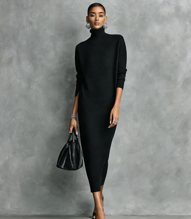 Women's High-Neck Rib Knit Maxi Dress with a Side Slit