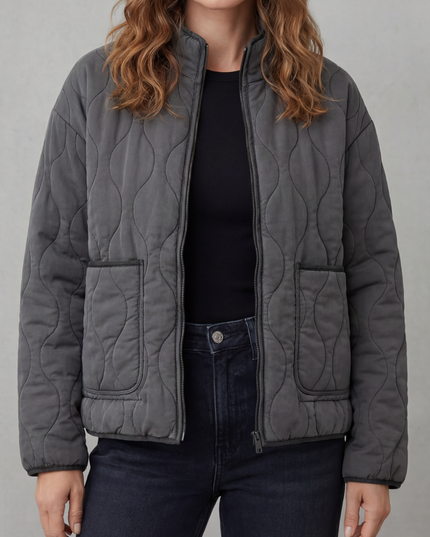 Women's High Neck Wave Quilted Zip Up Patch Pocket Jacket