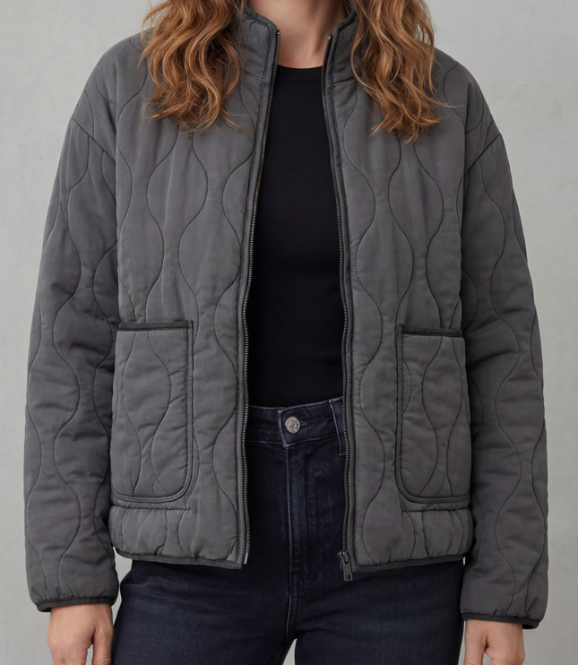 Women's High Neck Wave Quilted Zip Up Patch Pocket Jacket