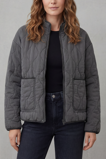 Women's High Neck Wave Quilted Zip Up Patch Pocket Jacket