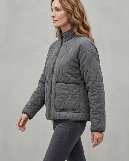 Women's High Neck Wave Quilted Zip Up Patch Pocket Jacket