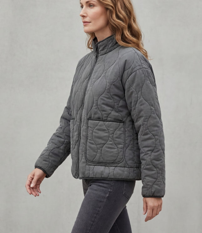 Women's High Neck Wave Quilted Zip Up Patch Pocket Jacket