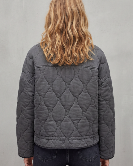 Women's High Neck Wave Quilted Zip Up Patch Pocket Jacket