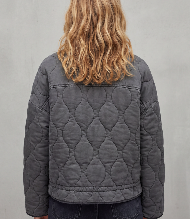 Women's High Neck Wave Quilted Zip Up Patch Pocket Jacket