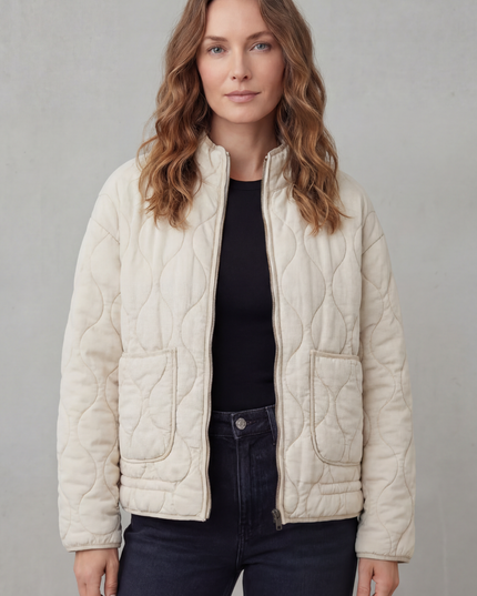 Women's High Neck Wave Quilted Zip Up Patch Pocket Jacket