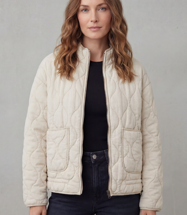 Women's High Neck Wave Quilted Zip Up Patch Pocket Jacket