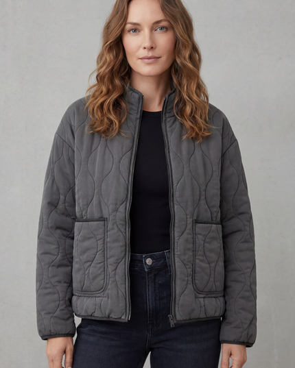 Women's High Neck Wave Quilted Zip Up Patch Pocket Jacket