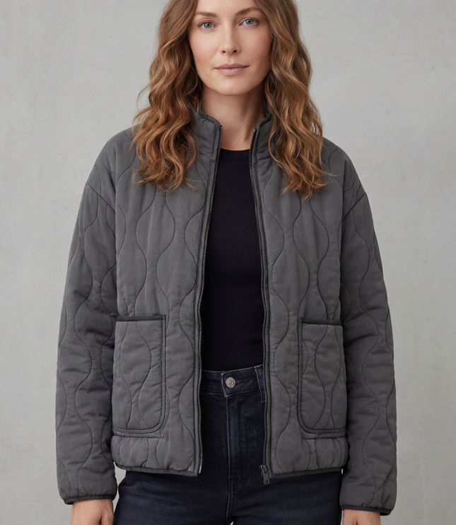 Women's High Neck Wave Quilted Zip Up Patch Pocket Jacket