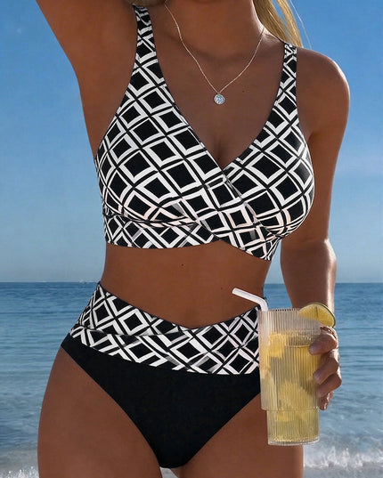 Women's High-Waist Bikini in Diamond Print with a Wrap Front