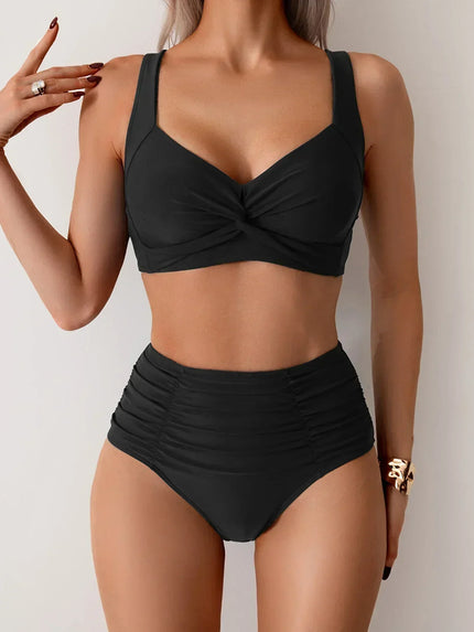 Black high waisted ruched bikini set with twist front top and full coverage bottoms