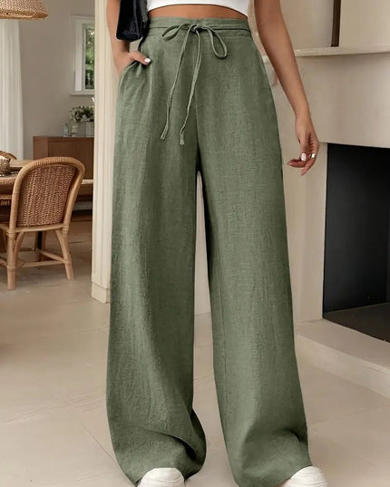 Olive green women's linen wide leg high waisted pants with drawstring waist and relaxed fit