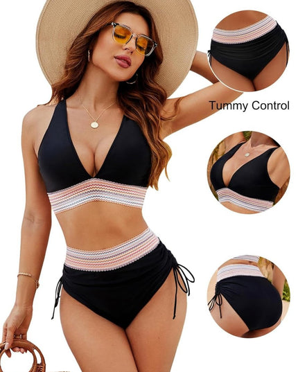 Women's High-Waisted Bikini Set with a Ruched Waist Panel