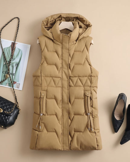 Women's Hooded Longline Zip-Up Quilted Puffer Vest