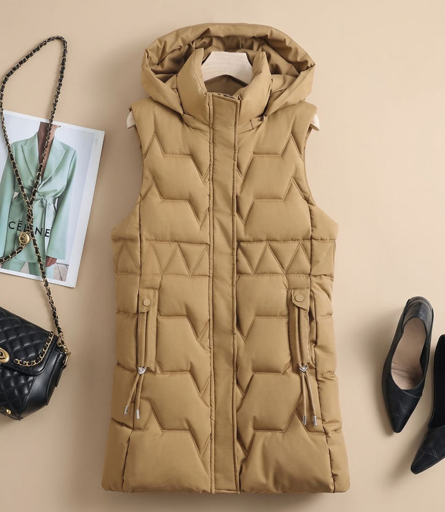 Women's Hooded Longline Zip-Up Quilted Puffer Vest