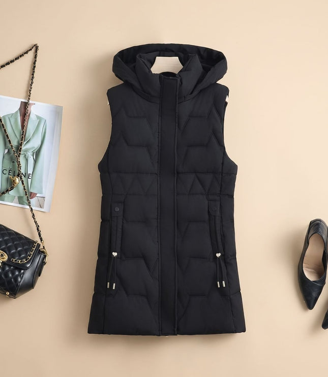 Women's Hooded Longline Zip-Up Quilted Puffer Vest