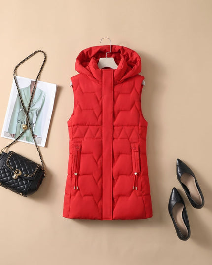 Women's Hooded Longline Zip-Up Quilted Puffer Vest