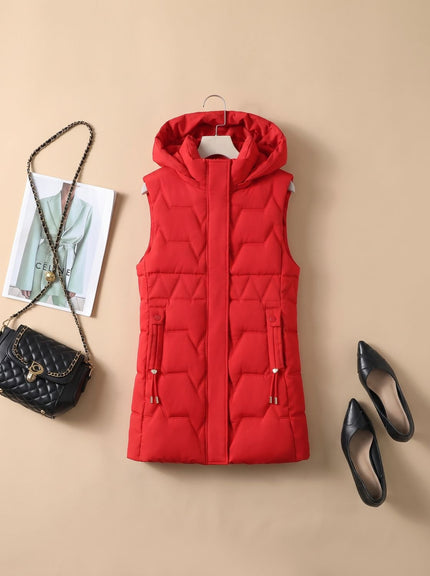 Women's Hooded Longline Zip-Up Quilted Puffer Vest