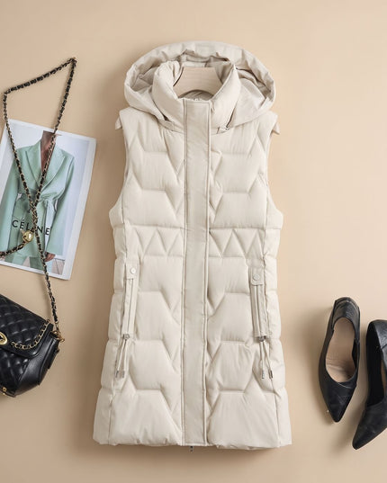 Women's Hooded Longline Zip-Up Quilted Puffer Vest