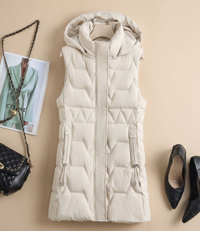 Women's Hooded Longline Zip-Up Quilted Puffer Vest