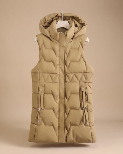 Women's Hooded Longline Zip-Up Quilted Puffer Vest