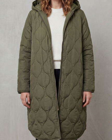 Women's Hooded Wave Quilted Longline Puffer Coat