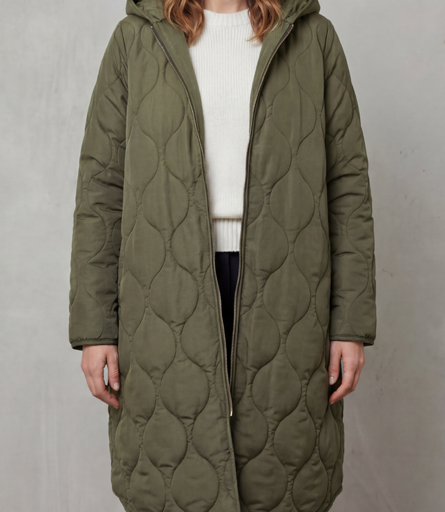 Women's Hooded Wave Quilted Longline Puffer Coat