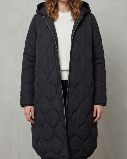 Women's Hooded Wave Quilted Longline Puffer Coat
