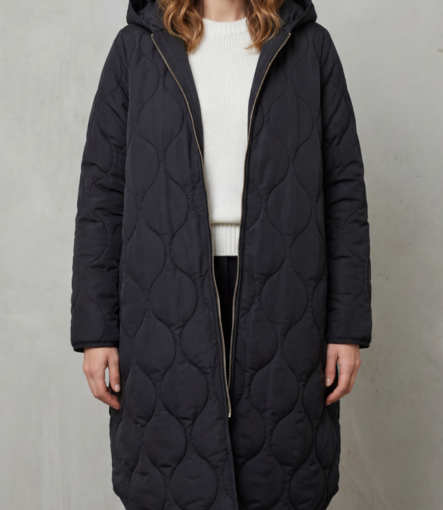 Women's Hooded Wave Quilted Longline Puffer Coat