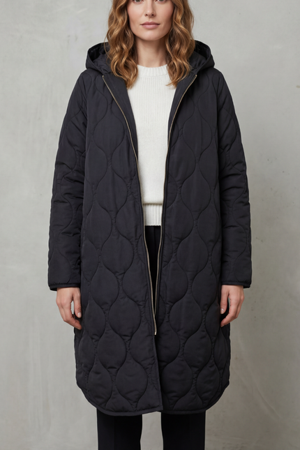 Women's Hooded Wave Quilted Longline Puffer Coat
