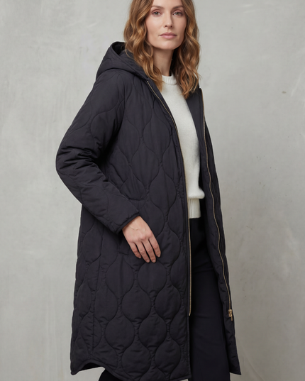 Women's Hooded Wave Quilted Longline Puffer Coat
