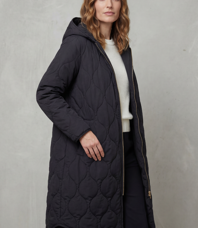 Women's Hooded Wave Quilted Longline Puffer Coat