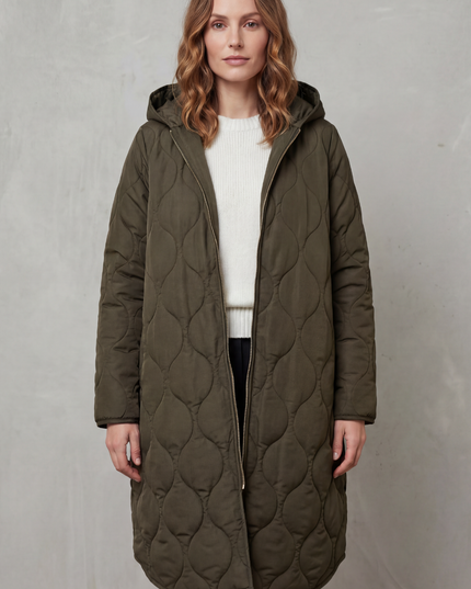 Women's Hooded Wave Quilted Longline Puffer Coat