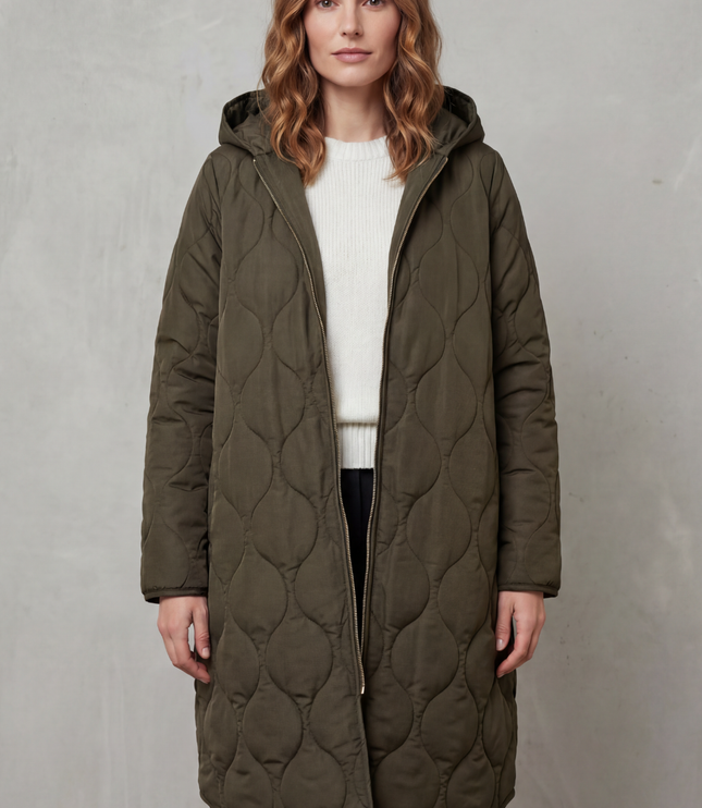 Women's Hooded Wave Quilted Longline Puffer Coat