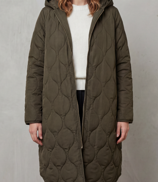 Women's Hooded Wave Quilted Longline Puffer Coat