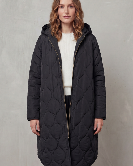 Women's Hooded Wave Quilted Longline Puffer Coat
