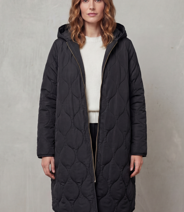 Women's Hooded Wave Quilted Longline Puffer Coat