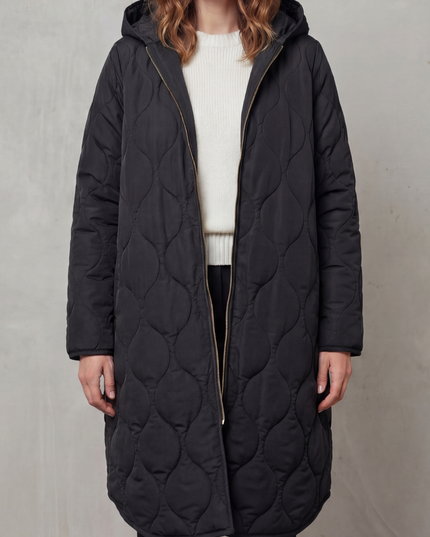 Women's Hooded Wave Quilted Longline Puffer Coat