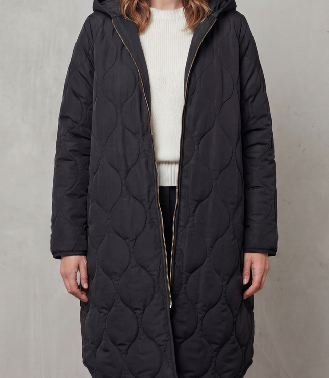 Women's Hooded Wave Quilted Longline Puffer Coat