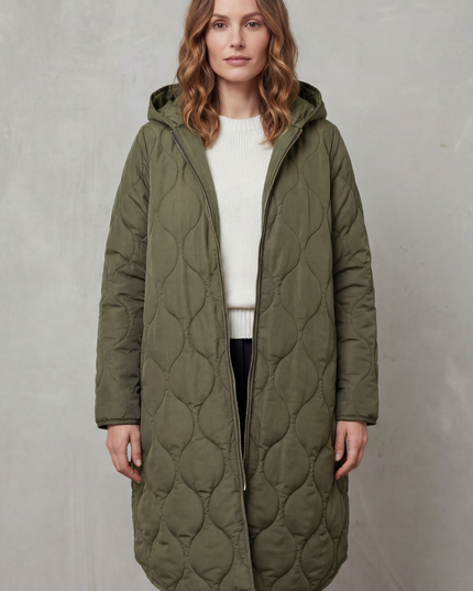 Women's Hooded Wave Quilted Longline Puffer Coat