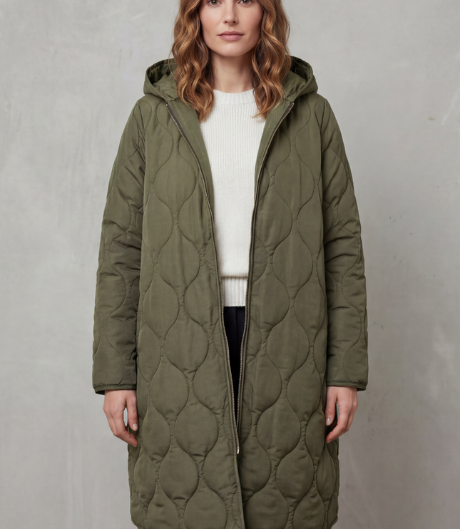 Women's Hooded Wave Quilted Longline Puffer Coat