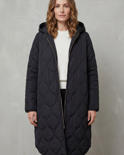 Women's Hooded Wave Quilted Longline Puffer Coat