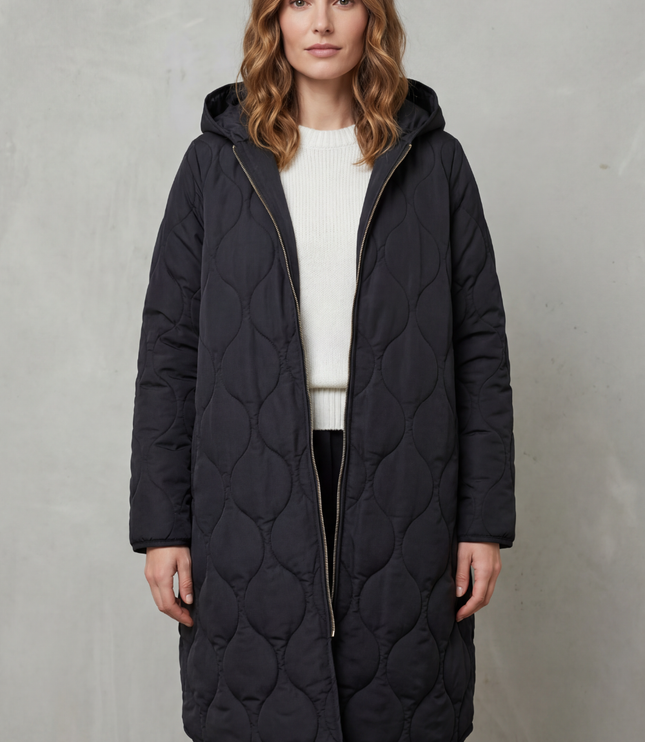 Women's Hooded Wave Quilted Longline Puffer Coat